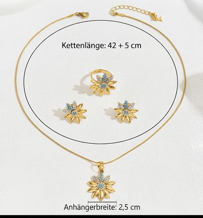 Damen Schmuck-Set Sonnenblume Kette Ohrringe Ring