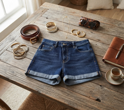 Damen Jeans Shorts - High-Waist Denim mit Krempelsaum &amp; geradem Schnitt