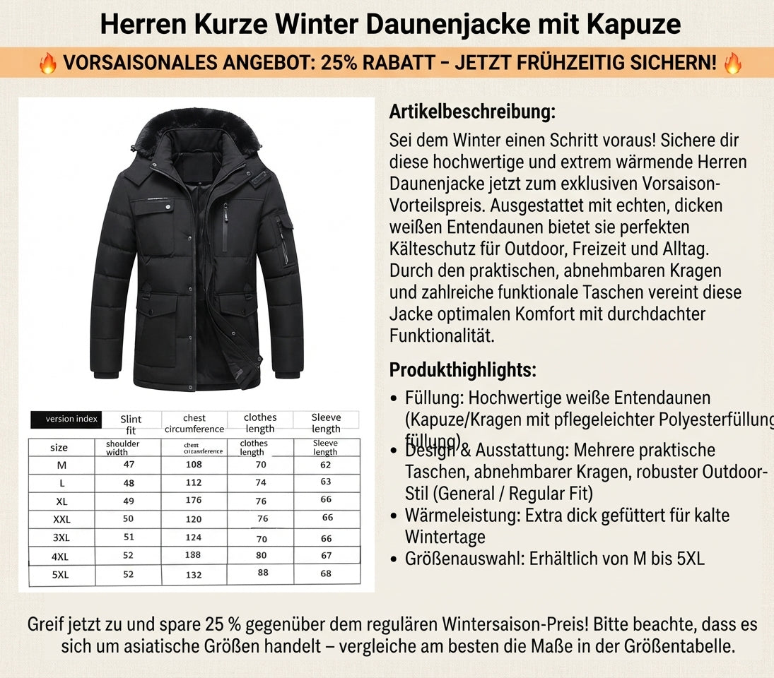 Herren Kurze Winter Daunenjacke mit Kapuze – Dicke Weiße Entendaunen, Mehrere Taschen, Outdoor-Set