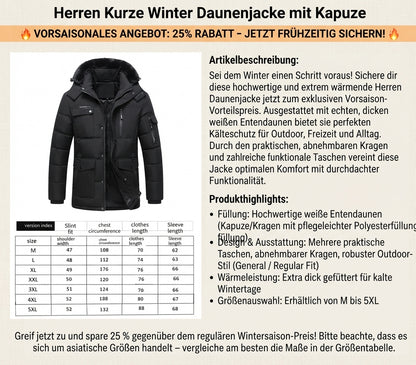 Herren Kurze Winter Daunenjacke mit Kapuze – Dicke Weiße Entendaunen, Mehrere Taschen, Outdoor-Set