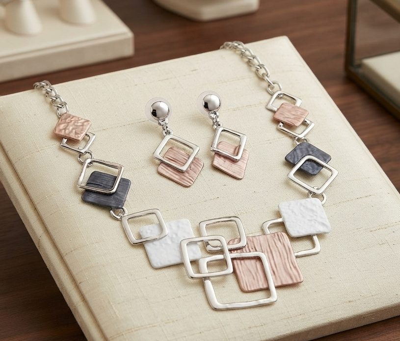 Modernes Damen Halskette & Ohrringe Set – Geometrisches Design, Tropföl-Finish