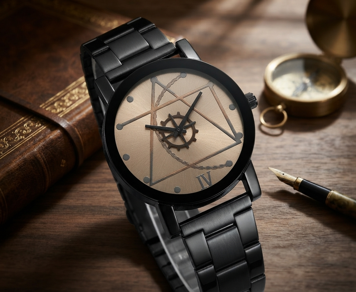 Edelstahl Quarzuhr für Damen & Herren - Kompass & Zahnrad Zifferblatt Armbanduhr