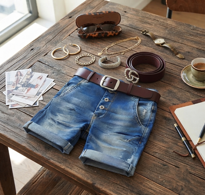 Damen Denim Shorts - High-Waist Jeans-Shorts mit elastischem Bund & Krempelsaum