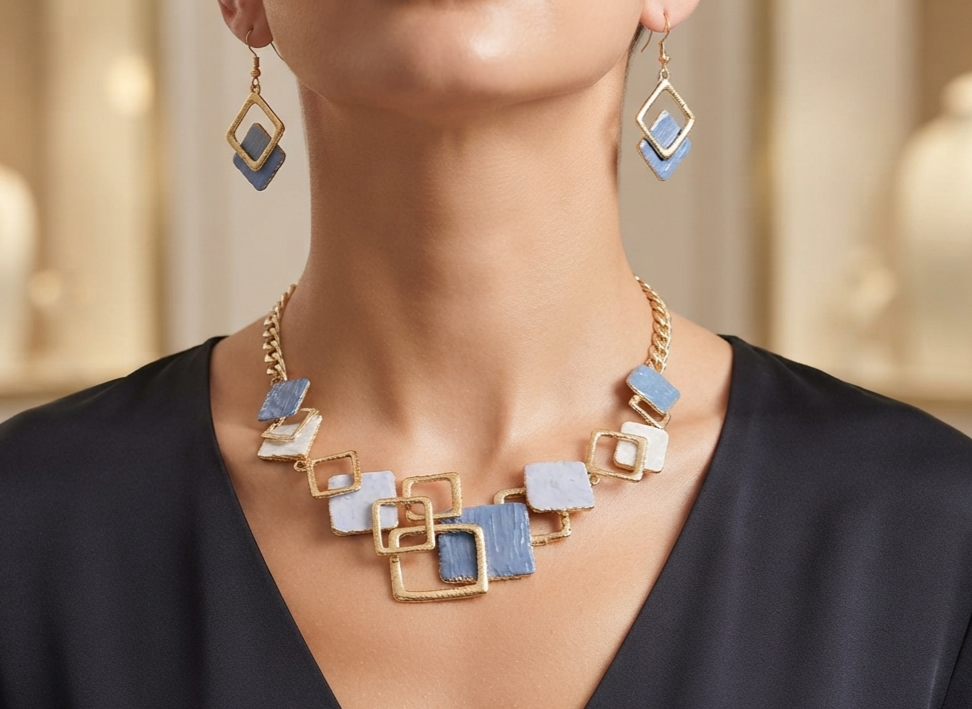 Modernes Damen Halskette & Ohrringe Set – Geometrisches Design, Tropföl-Finish