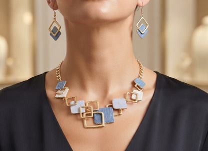 Modernes Damen Halskette & Ohrringe Set – Geometrisches Design, Tropföl-Finish
