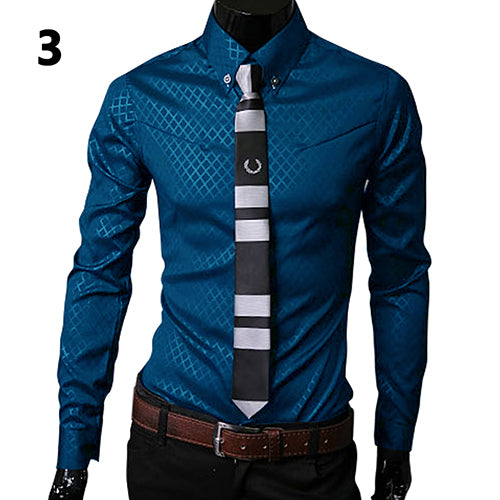 Men's Long Sleeve Business Shirt in Solid Color Checkered