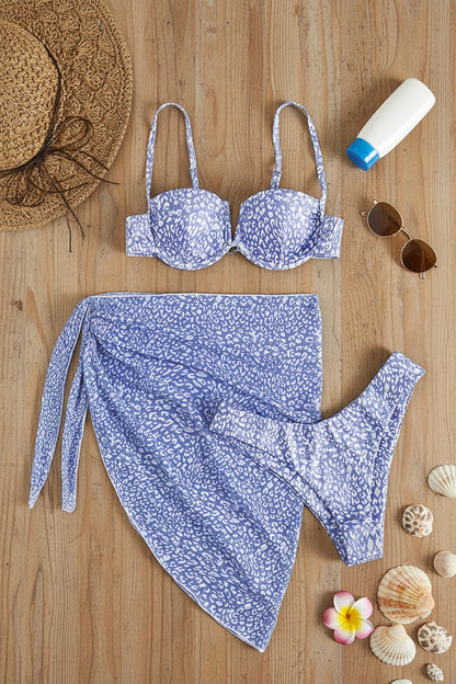 3-teiliges Damen Bikini Set mit Strandtuch Sarong – Muster Print Badeanzug XS S M L